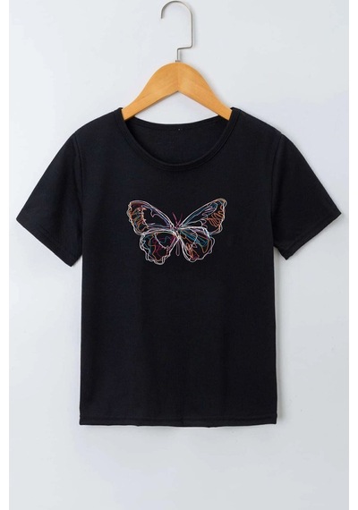 Uyguntarz Çocuk Cartoon Face Pamuklu Tshirt Siyah