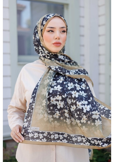 Mimiyum Lemon Flower Nayf İpek Şal - Siyah - Kahverengi