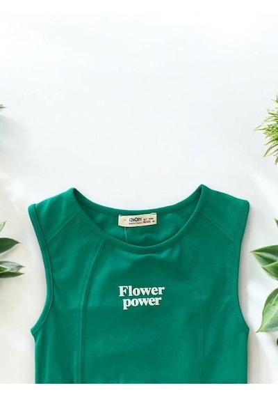 Kız Çocuk Flower Power Yazılı Crop-14406 Yeşil