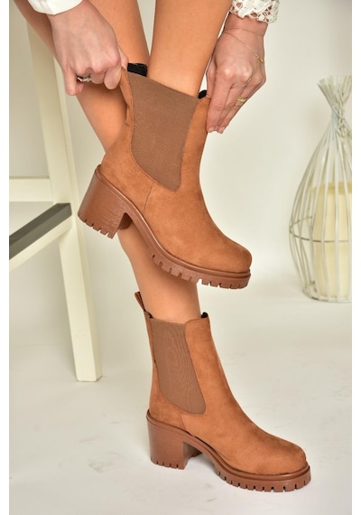 Fox Shoes T726981602 Taba Süet Lastikli Kalın Topuklu Kadın Bot Taba-Süet Taba