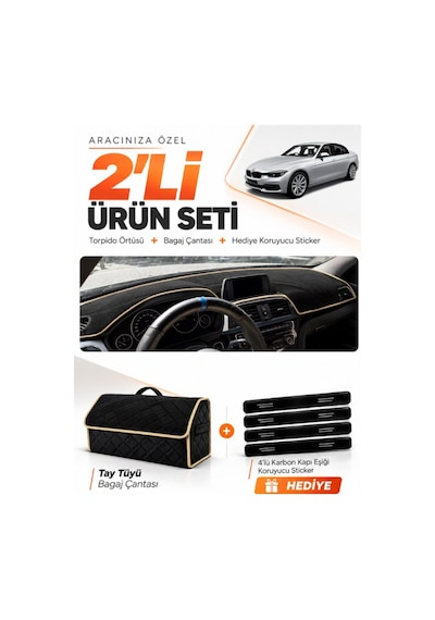 Bmw F30 2010-2018 Uyumlu Torpido Örtüsü + Tay Tüyü Bagaj Çantası + Sticker Seti - Siyah Bej