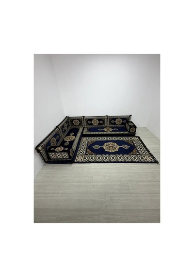 Güneş Modeli Lacivert Otantik Şark Köşesi Takımı L Set - Geleneksel Yer Minderi Seti 10 Cm Minder Kalınlığı 10 Parça
