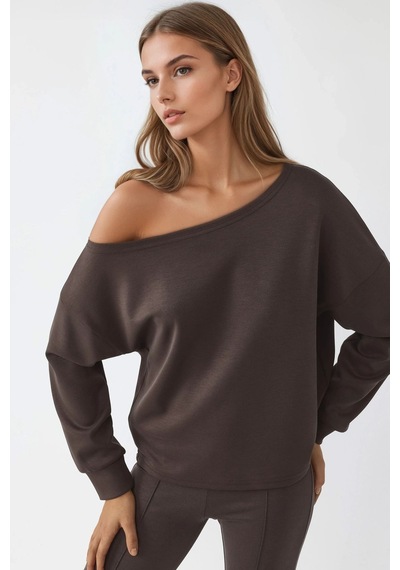 Hiccup Busem Asimetrik Yakalı Rahat Kesim Sweatshirt Kahve Kahvesi