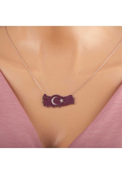 925 Ayar Gümüş Ay Yıldız Türkiye Haritası Kadın Kolye Beyaz