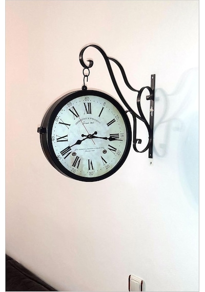 Büyük 45cm Sessiz Yuvarlak Çelik Çift Taraflı Caml Dikey Duran İki Yönlü Duvar Saati Station Clock Çok Renkli