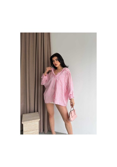 Unika Boutique Çizgili Oversize Gömlek Pembe