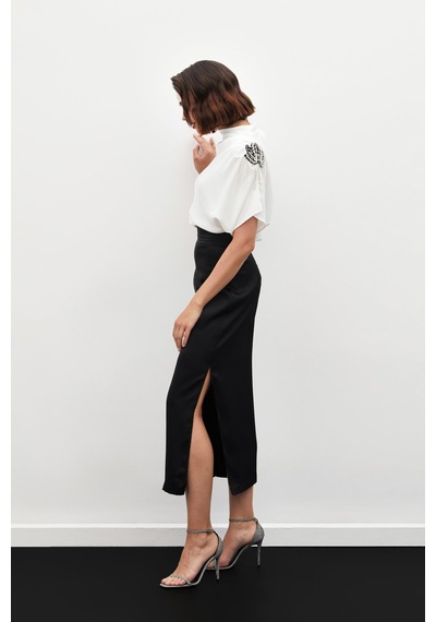 Sateen Bel Pile Detaylı Saten Etek - Siyah