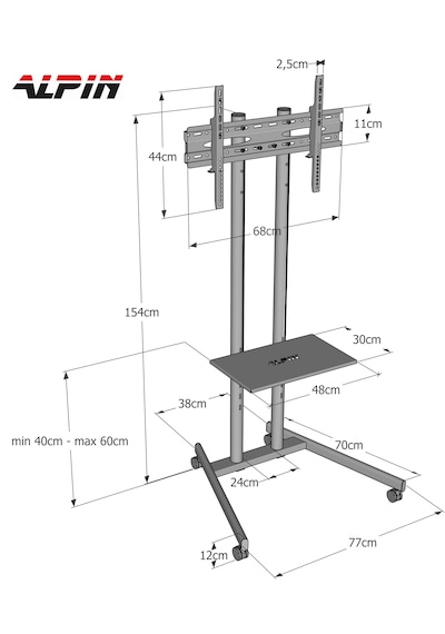 Alpin TV/Fuar Standı Bilgisayar Askı Aparatlı Metal Ayaklı Tekerlekli TV Sehpası/Ünitesi