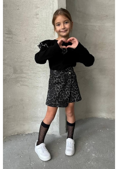 Boyboy Kidswear Kız Çocuk Kalp Detaylı Sweatshirt Ve Leopar Desenli Şort Etek Takım Siyah