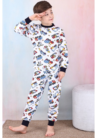 Modanino Erkek Çocuk İş Makineleri Baskılı Pijama Takımı 1-7 Yaş 12291 Beyaz