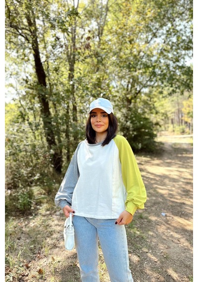 WeShaya Kadın Beyaz Uzun Balon Kol, Yuvarlak Yaka, Kolları Double Color Block Basic Sweatshirt Bluz Beyaz