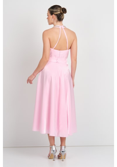 Saygın Kadın Halter Yaka Saten Midi Abiye Elbise 5624 Pembe Pembe