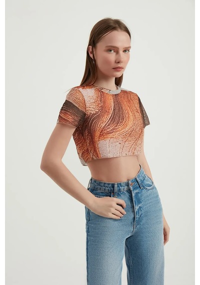 Hiccup Soyut Tül Crop Top Turuncu