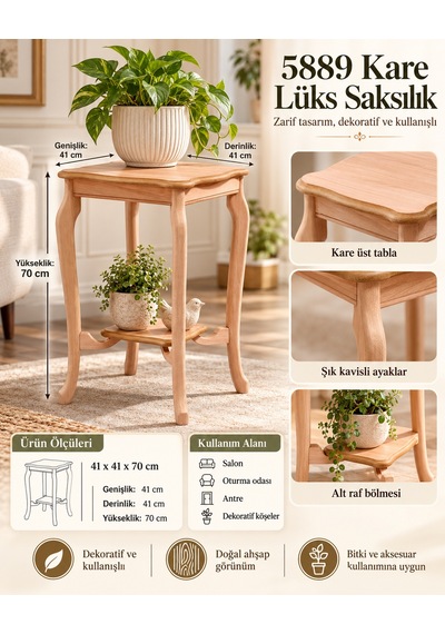 Mmb-trade Nexora Living 5889 Kare Lüks Saksılık 41x41x70 Cm Dekoratif Ahşap Görünümlü Çiçeklik, Raflı Saksı Standı, Klasik Yan Sehpa Mmbz Çok Renkli