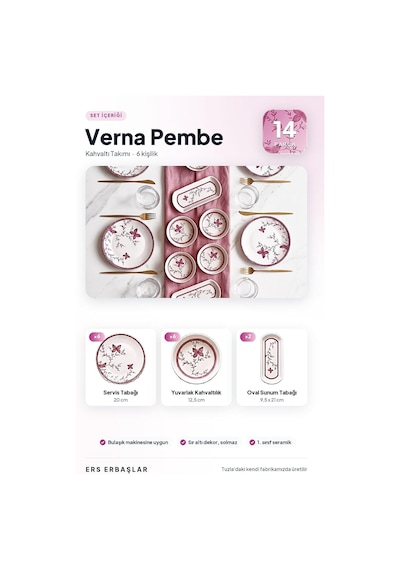 Verna Pembe 14 Parça 6 Kişilik Kahvaltı Takımı, Lüx Kahvaltı Seti Diğer