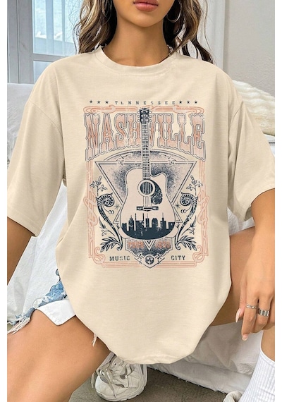 Uyguntarz Unisex Music City Baskılı Oversize Tshirt Bej