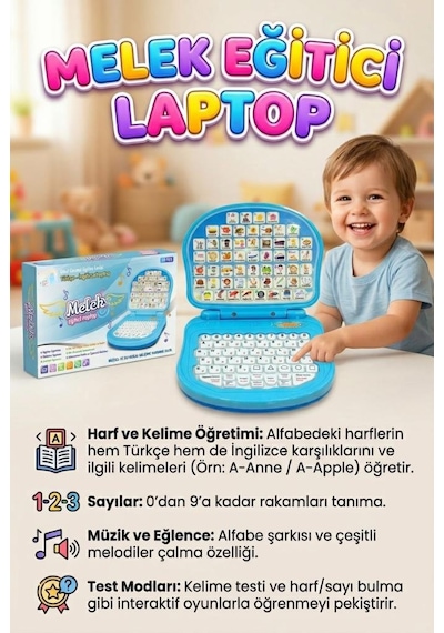 Melek Laptopum Sesli Müzikli Türkçe - İngilizce İnteraktif Alfabeyi Sayıları Öğreten Oyuncak Laptop 61275009