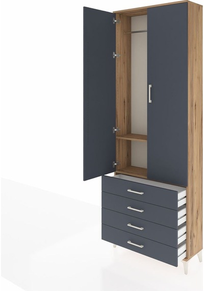 Arges Dolap 2 Raflı 4 Çekmeceli Tek Askılı 88x30x243 Çam-antr... Çam