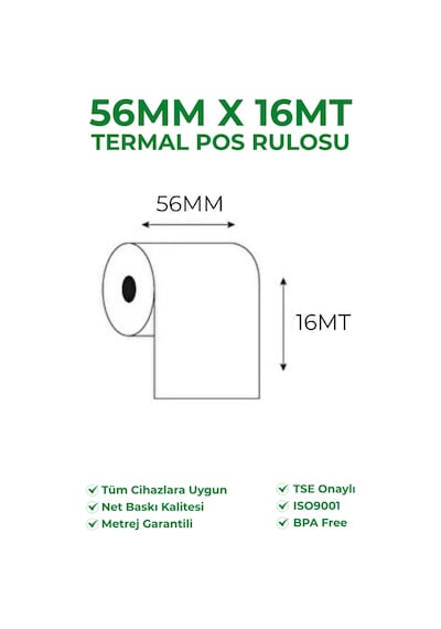 56x16 Termal Rulo Yazarkasa Pos Rulosu 1 Paket 10 Adet Tse Belgeli Bpa Free