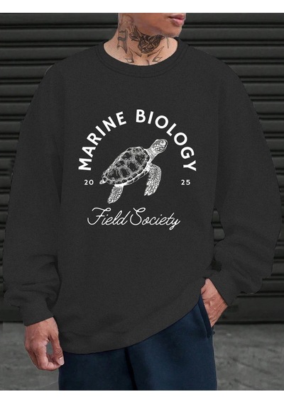 Startmore Tarzsokak Deniz Biyolojisi Kaplumbağa Baskılı Sweatshirt Erkekler İçin Bisiklet Yaka Günlük Kazaklar Po Antrasit
