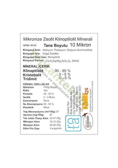 Zeolit Minerali 10 Mikron İnce Toz
