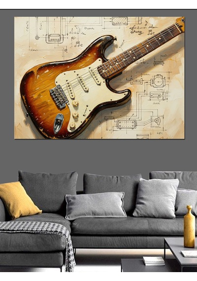 Gitar Ve Notalar Sanat Dekoratif Kanvas - Mdf Ahşap Tablo