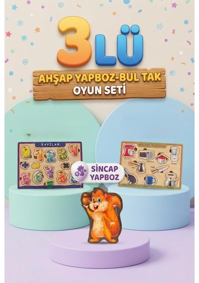 Eğitici Öğterici Ve Eğlenceli 3'lü Ahşap Yapboz Hikayeli Ve Bul-tak Renkli Oyun Seti