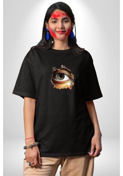 Duvardan Biri Bizi Gözetliyor Pamuklu Bisiklet Yaka Unisex Oversize Boyfriend Dijital Baskılı Siyah T-shirt Siyah