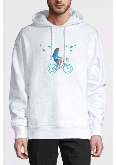 Addict Bisikletli Kız Baskılı Beyaz Erkek Sweatshirt