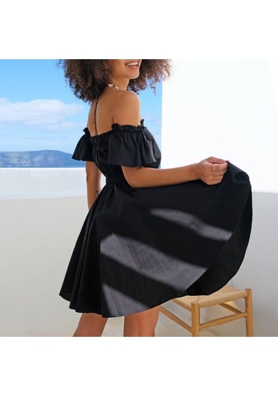 Fashion Cocktail Doğal Keten Kumaşlı Puf Kol Kabarık Straples Elbise Siyah