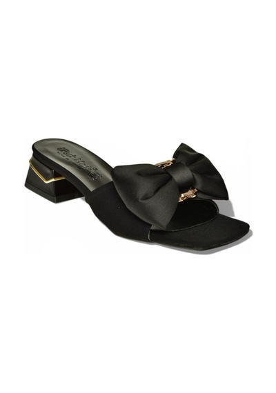 Fox Shoes Y820780504 Siyah Kumaş Kalın Topuklu Kurdele Detaylı Kadın Terlik Siyah