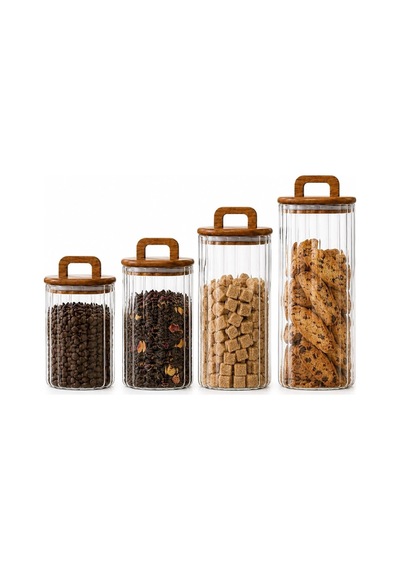 Akasya Kapaklı Line Cam Kavanoz 4 Lü Set 700 Ml 1100 Ml 1500 Ml 1850 Ml Mutfak Saklama Kabı Çok Renkli