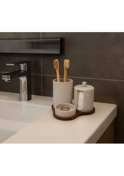 Banyo Seti 3 Parça Diş Fırçalık, Kapaklı Pamukluk Ve Takı Standı Modern Organizer Bej-kahverengi