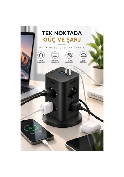 8 Li Çoklu Priz Usb-a + Type-c Şarj Girişli Güç Ve Şarj İstasyonu 0 - 2 M