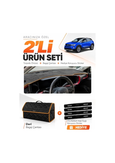 E-biz Opel Mokka 2020-2025 Uyumlu Torpido Örtüsü + Deri Bagaj Çantası - Siyah-kahverengi - Op023