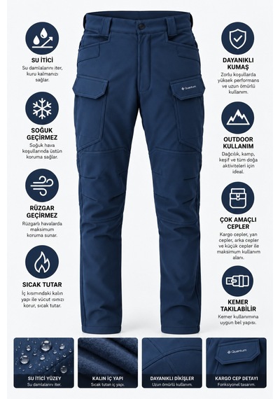 Dechers Erkek Kışlık İçi Polarlı Rüzgar Su Geçirmez Soft Shell Taktik Pantolon - E231 Lacivert