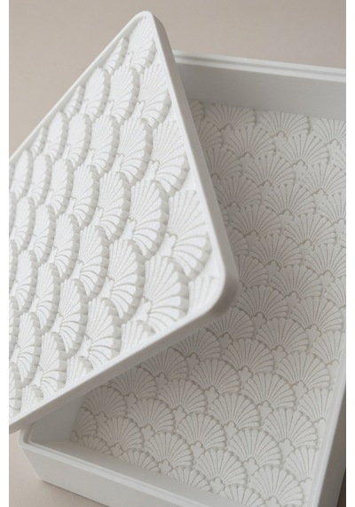 Desenli Kapaklı Dekoratif Kutu Masa Üstü Organizer Takı Aksesuar Saklama Kutusu Pla 20x12.5 Cm Beyaz