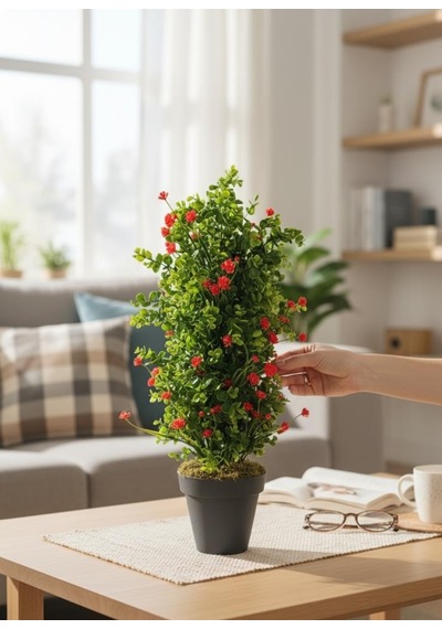 Yapay Çiçek Siyah Saksıda Kırmızı Lotuslu Yeşil Şimşir Ağacı 70 30cm Kırmızı