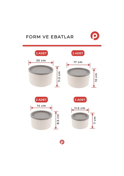 8'li Çizgili Yuvarlak Saklama Kabı Seti Bej 3l - 1.8l - 1l - 0.55l Mikrodalga & Dondurucu Uyumlu Bej