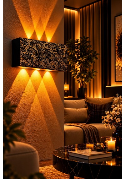 Siyah Gold Desenli 12w 2200k Amber Işıklı 3 Gözlü Yukarı Aşağı Dekoratif Duvar Apliği 16 Cm Amber Işık
