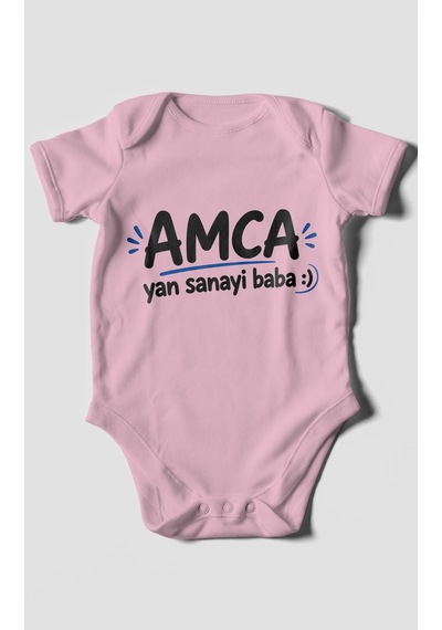 Morivokids Amca Ve Yan Sanayi Babaya Özel Kısa Kollu Bebek Body %100 Pamuk Koyu Pembe