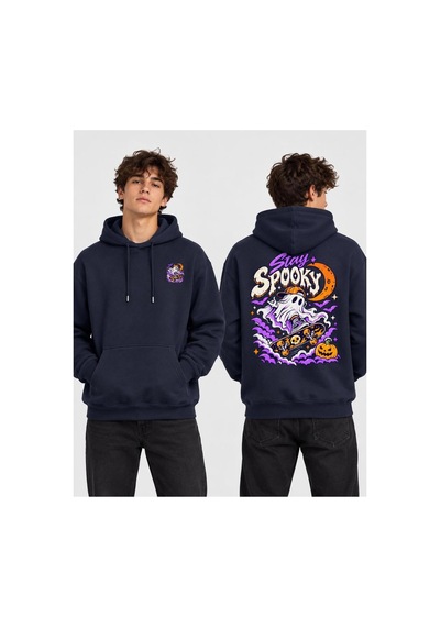 Gıovera Spooky Premium Erkek Oversize Kapüşonlu Sweatshirt %100 Pamuk Hayalet Baskılı Lacivert