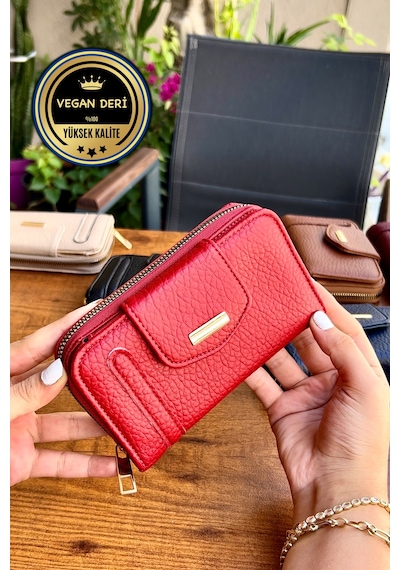 Lavinia Kırmızı Vegan Deri Kadın Cüzdan Fermuarlı Ve Mıknatıslı 16x9 Cm Kırmızı