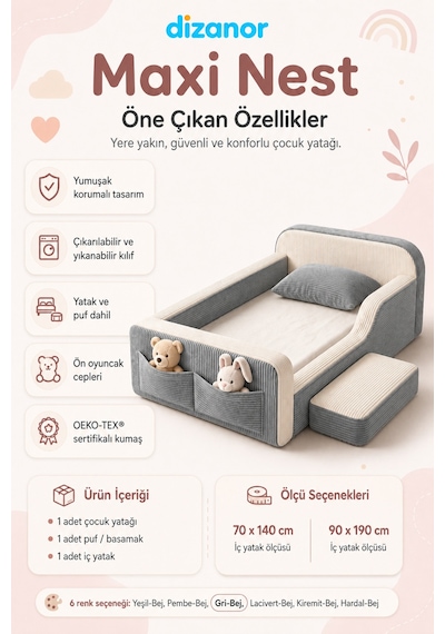 Dizanor Maxi Nest Montessori Çocuk Karyola Yatak Seti Gri Fitilli 140 X 200 Dizanor Maxi Nest Montessori Çocuk Karyola Yatak Seti Gri Fitilli 140 X 200
