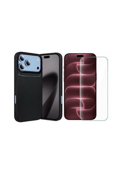 Apple İphone 18 Pro İle Uyumlu Karbon Tasarım Silikon Telefon Kılıfı Ve Temperli Cam Ekran Koruyucu Siyah