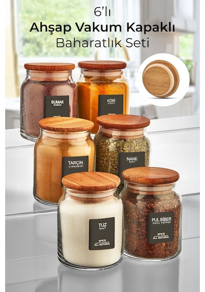 Kitchen Life Myrina Etiketli 6'lı Ahşap Vakumlu Kapaklı Baharatlık Takımı 300ml x6 Şeffaf