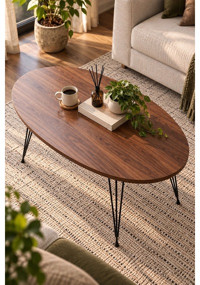 Sulorahome Ceviz Desenli Tel Ayaklı Oval Orta Sehpa