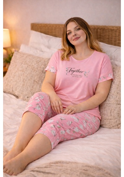 Nisanca Kadın Büyük Beden Kapri Pijama Takımı Yumuşak Dokulu, Konforlu Ev Giyimi Pudra