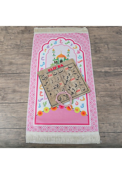 Çocuk Seccadesi Aksa Pembe & Kokulu Tesbih Kalp İşlemeli Bebek Pembesi & Elifba Puzzle Çok Renkli
