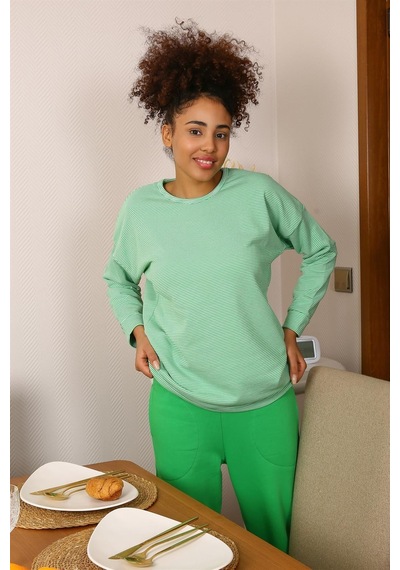 Akbeniz Kadın Uzun Kol 3 İplik Penye Pijama Takım 4191 - L Yeşil